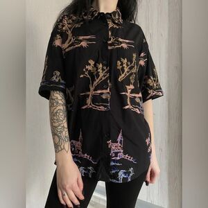 Zara Japanese Garden Graphic Button Down Shirt Size S